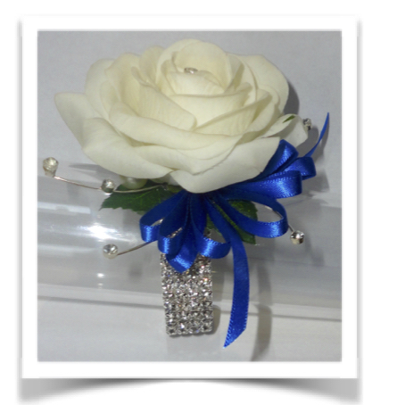 Fresh Touch Ivory Rose with diamantes,Royal Blue Prom Corsage